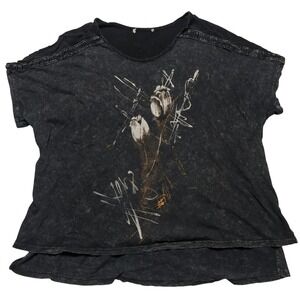 Jess & Jane Mineral Wash Floral Graphic Top Black Crochet Plus Size 1X MADE USA
